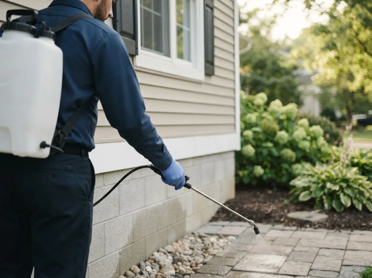 Pest control technician inspecting a home in Grantsburg, WI